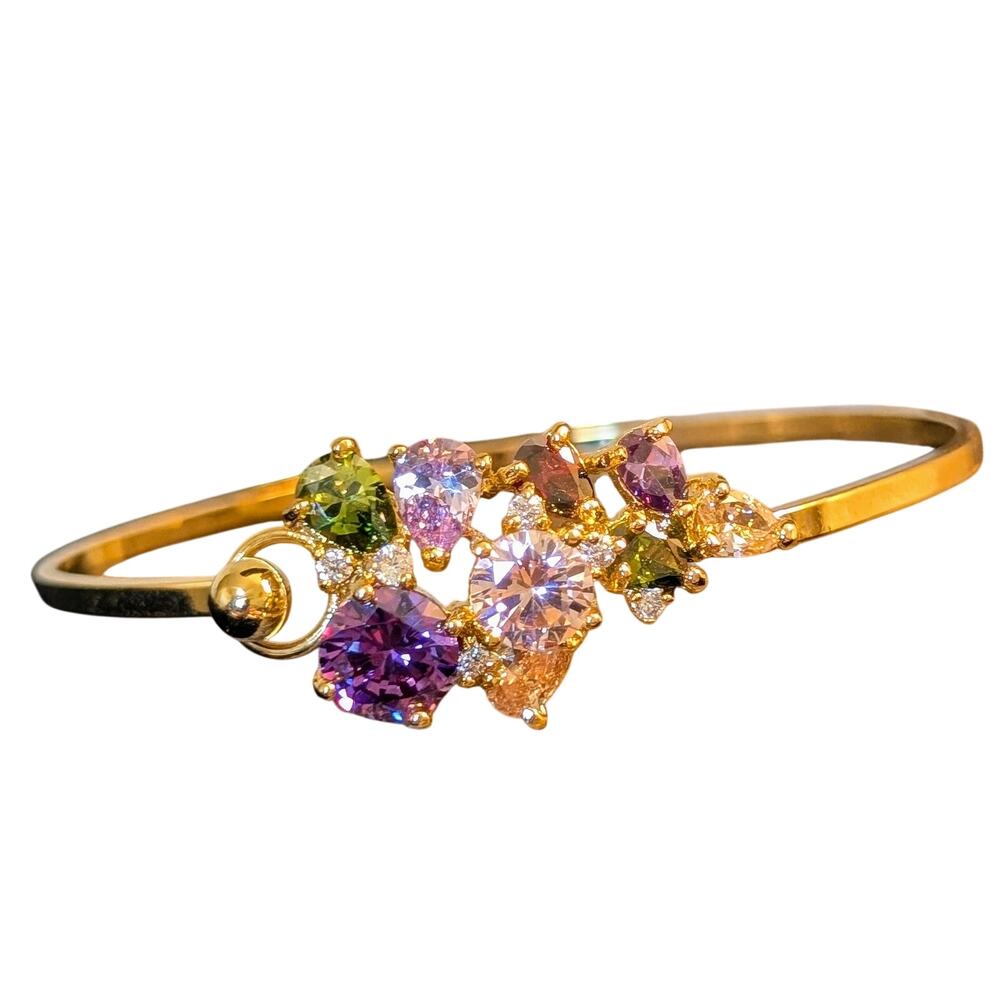 Gold Tone Multi-Color Crystal/CZ Stone Cluster Bangle Bracelet